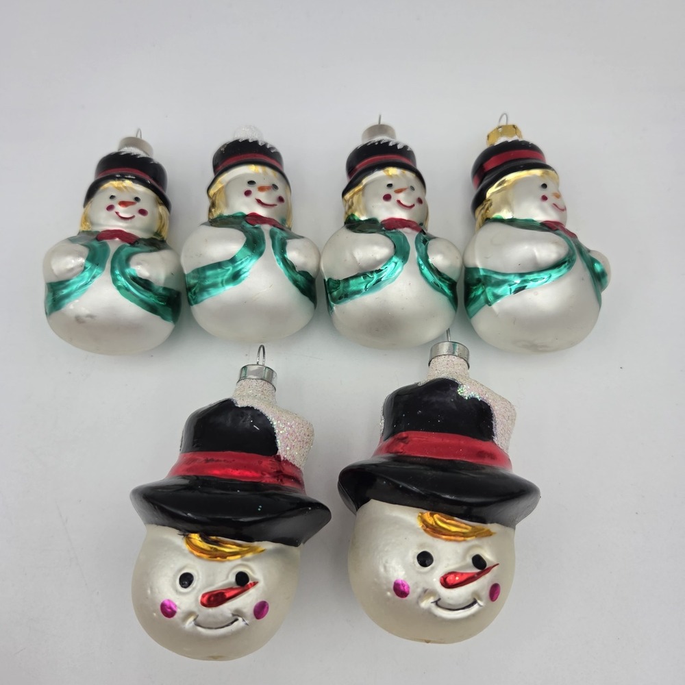 Vintage Lots of 6  Christmas Ornaments Hand Blown Glass Snowman w/ black top hot